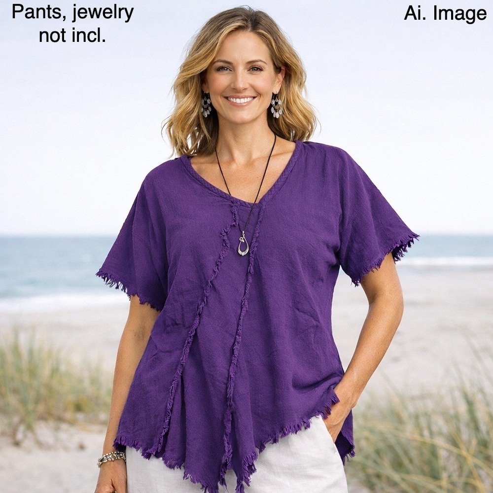 Oh My Gauze Purple Cotton Gauze Tunic Raw Hem Asymmetrical Lagenlook Top B (M-L)